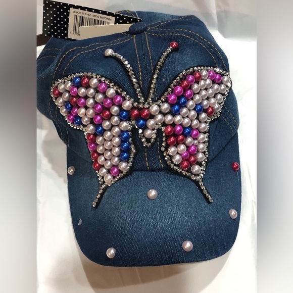 Denim red white pink pearl embellished rhinestone crystal butterfly baseball cap - Picture 1 of 14
